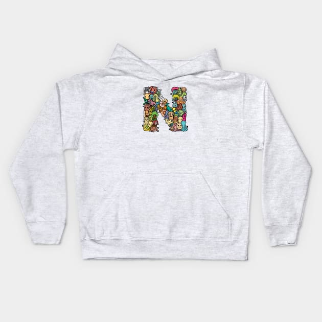 Alphabet Monster Doodle Letter N Monogram Kids Hoodie by Irene Koh Studio